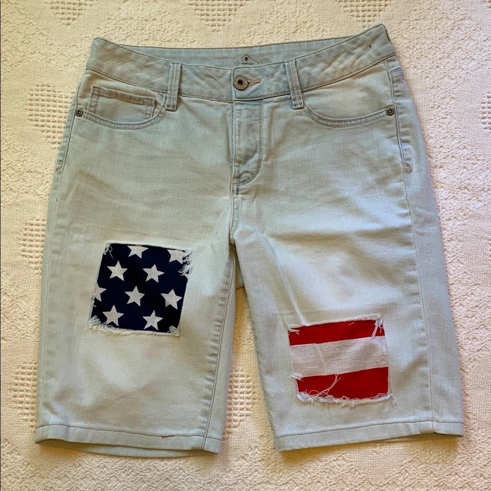 Upcycled light denim Bermuda shorts & patriotic embellishments. St. John’s Bay